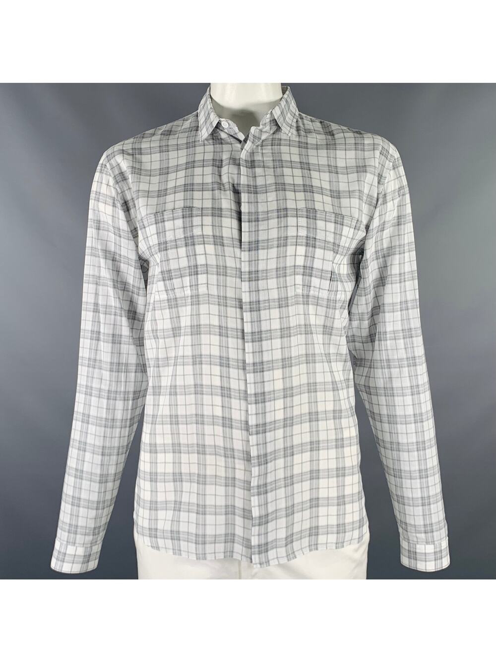 DIOR HOMME Size L White Grey Plaid Cotton Button Up Long Sleeve Shirt